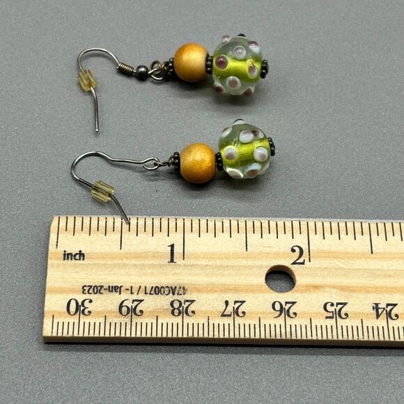 Lampwork Art Glass Earrings Yellow Green Purple Polka Dot Handmade Dangle Drop - Picture 6 of 7